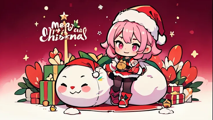 Masterpiece,1 girl, Serina,pink_hair, glove, black_glove, carry_trim, have, Santa Claus_Costume, Christmas, open_mouth, smile, bell, alone, red_hat, tights, white_background, pink_eyes, Santa Claus_have, 