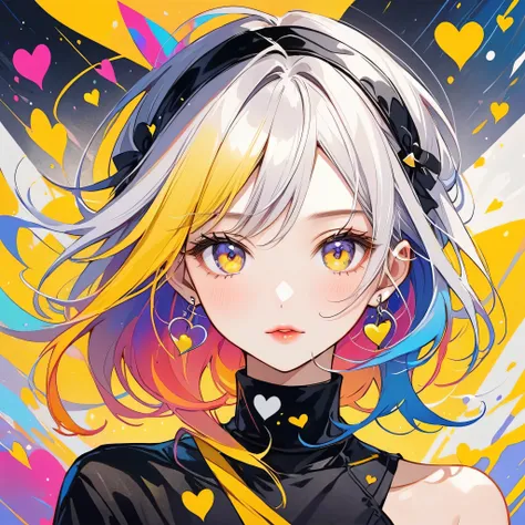 Black Star Yellow and White style, Simple Line Initialism，Abstract art，Urban Background, (((The most beautiful girl of all time))), Sweet face. Lips in love, colorful hearts, stylish design