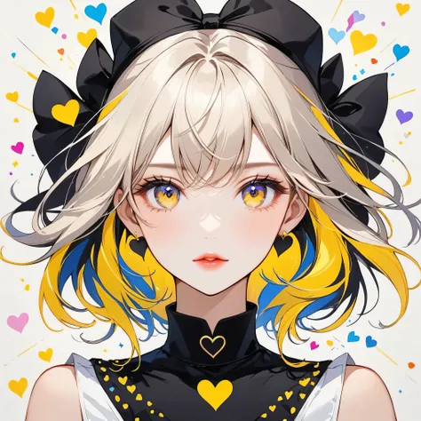 Black Star Yellow and White style, Simple Line Initialism，Abstract art，Urban Background, (((The most beautiful girl of all time))), Sweet face. Lips in love, colorful hearts, stylish design