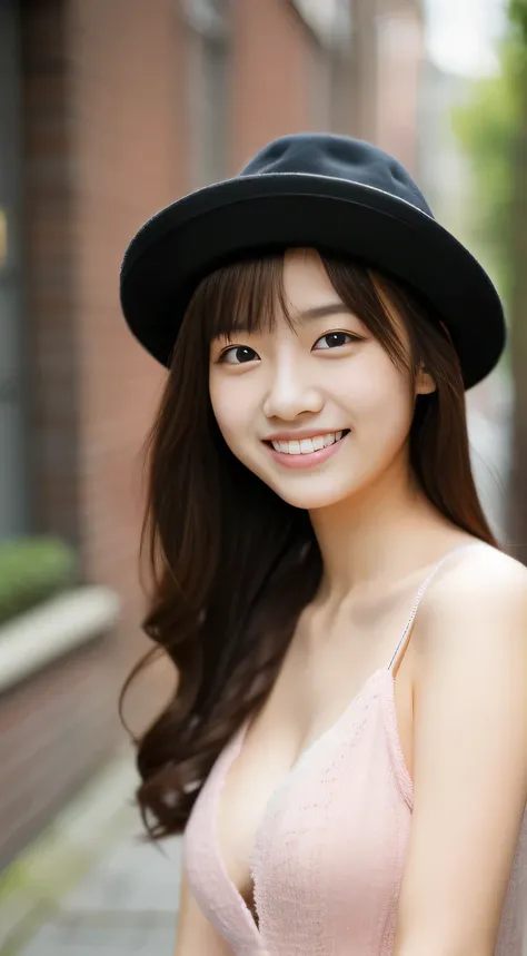 masterpiece,best quality,(Japanese ),((Beautiful girl)),cleavage,(perfect body beauty:1.2),(shy smile),beautiful teeth,(hat),(Blurred background of brick buildings),