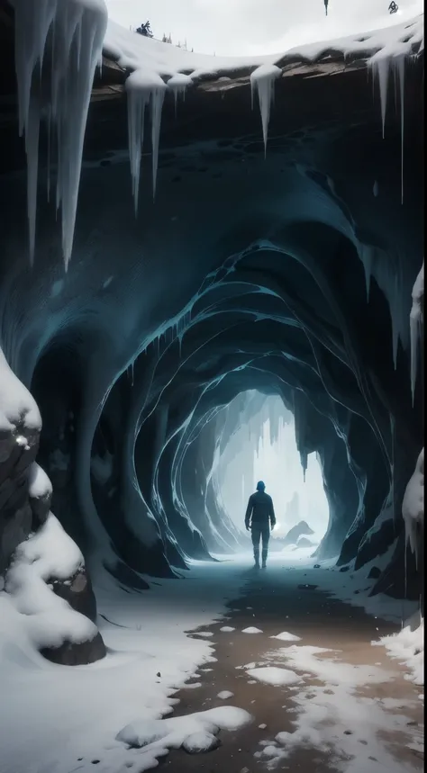 ice cave with a whole, with a man standing far away looking outside, blue background, 8k