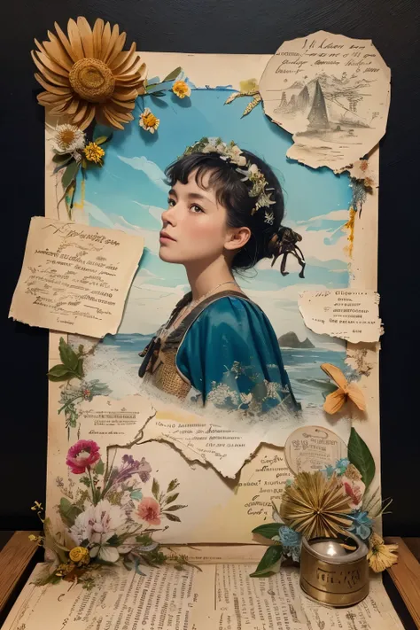 (Super detailed alcohol ink painting of a gorgeous treasure island and female explorer:1.2), A stress-free mixed media masterpiece made on patchwork of vintage script paper, Ephemera, Torn cardboard, Vintage newspaper, Vintage Sheet Music, Some kind of sti...