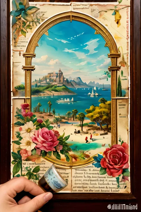 (Super detailed alcohol ink painting of a gorgeous treasure island and female explorer:1.2), A stress-free mixed media masterpiece made on patchwork of vintage script paper, Ephemera, Torn cardboard, Vintage newspaper, Vintage Sheet Music, Some kind of sti...