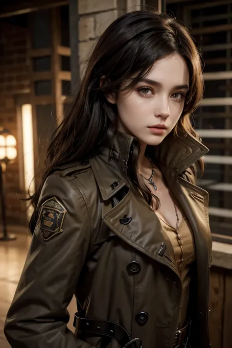 Character in a trench coat with dark hair and brown eyes, with steampunk style, with jojo trace