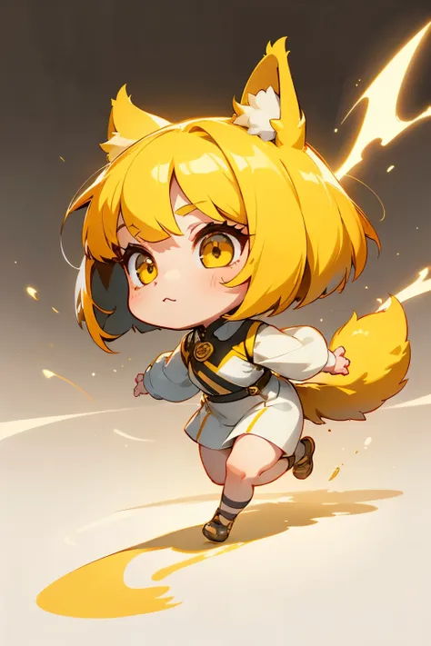 girl, full body, side view, running, cartoon style, chibi style, cute, dog ear, beautiful face, yellow color eye, beautiful eye, high detailed pupil, double eyelid, high detailed skin, high quality skin, yellow color hair, bob cut hair, dog tail, white clo...