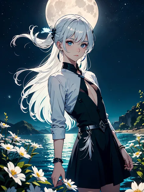 Red eyeliner. Mit Rock. Im Kleid. Blut.  Engel. Viele weoße vögel. More anime. light blue light. Bright bright light. magical. Moon. White flowers. male. Long hair. long white hair. aquatic, boy, God of the Moon, silver hair accessories, White hair. 