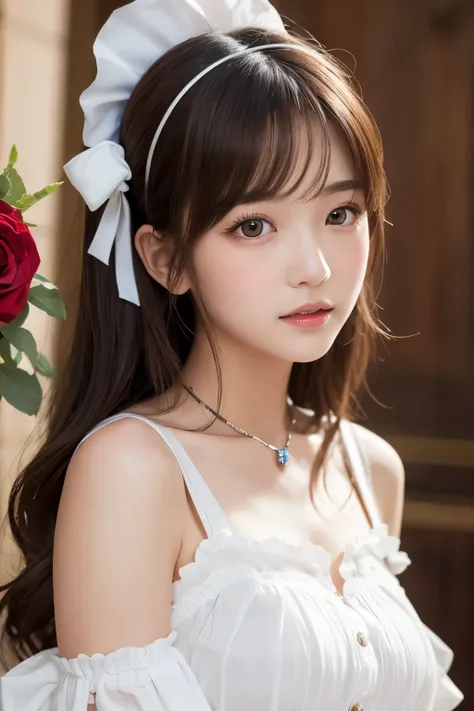 Detailed image of a young female character with medium length wavy brown hair。Her hair is decorated with a white ruffled headband and red roses on either side.。With large, expressive red eyes、A soft redness on the cheeks、She has a gentle and slightly surpr...