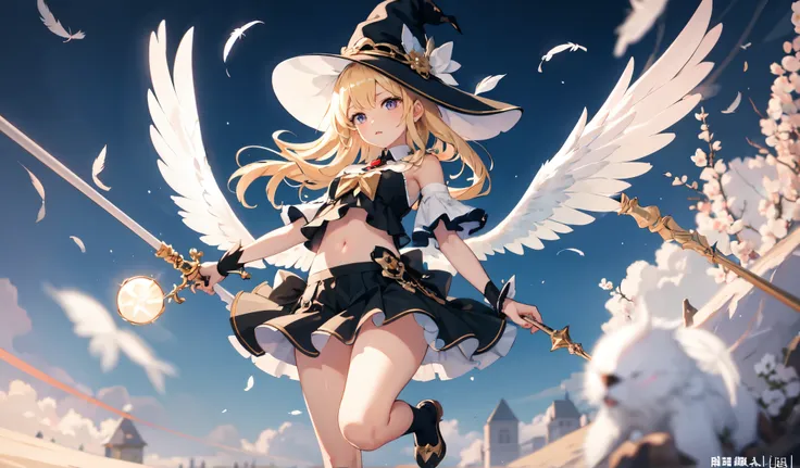 Afterimage, Bokeh, Blurred foreground, Wide Shot, 超High resolution, retina, masterpiece, Attention to detail, Highest quality, High resolution, 4K,god々In a cool atmosphere、A blonde angel descends from the sky、White feathers flutter.Magical girl、Witch Hat、M...