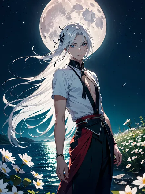 Red eyeliner. Mit Rock. Im Kleid. Blut.  Engel. Viele weoße vögel. More anime. light blue light. Bright bright light. magical. Moon. White flowers. male. Long hair. long white hair. aquatic, boy, God of the Moon, silver hair accessories, White hair. 