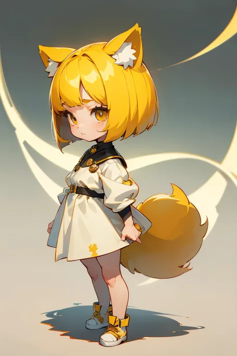 girl, full body, side view, say sorry, cartoon style, chibi style, cute, dog ear, beautiful face, yellow color eye, beautiful eye, high detailed pupil, double eyelid, high detailed skin, high quality skin, yellow color hair, bob cut hair, dog tail, white c...