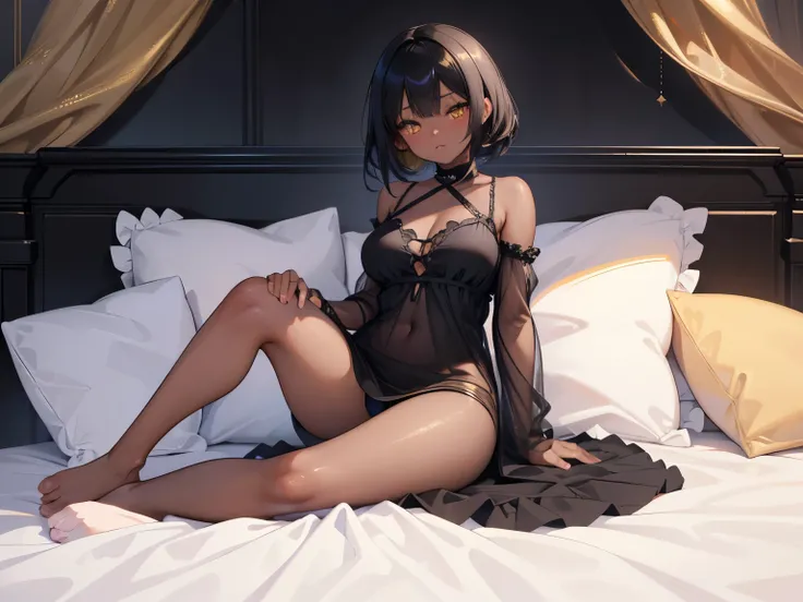 Digital Art, Digital Illustration, Ultra-detailed, beautiful image, Sharp Image, dark skinned girl, casual nightwear, nylon tights, trending at cgstation, anime barbie doll,  trending on cgstation, anime vtuber full body model, ((black hair color)), (((gol...