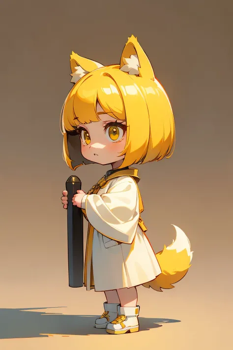 girl, full body, side view, say sorry, cartoon style, chibi style, cute, dog ear, beautiful face, yellow color eye, beautiful eye, high detailed pupil, double eyelid, high detailed skin, high quality skin, yellow color hair, bob cut hair, dog tail, white c...