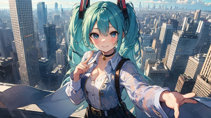 soles, masterpiece, Hatsune Miku, 1 person, solo, hair inhalation, face up, blue sky, glow white particle, (sidelighting:1.2), sun rise , pink cloud, detailed clouds, slender, Lovely small exposed breasts, super cute smile with teeth, red cheek, blushing, ...