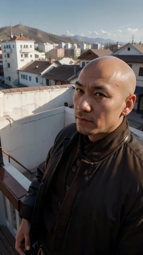 bald buryat man, posing on the balcony, view on the town, wearing, brown eyes, looking away