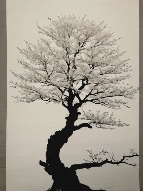 Penmanship,one cerry blossom big tree,monochrome,old painting,white background,far away,tribal,silhouette