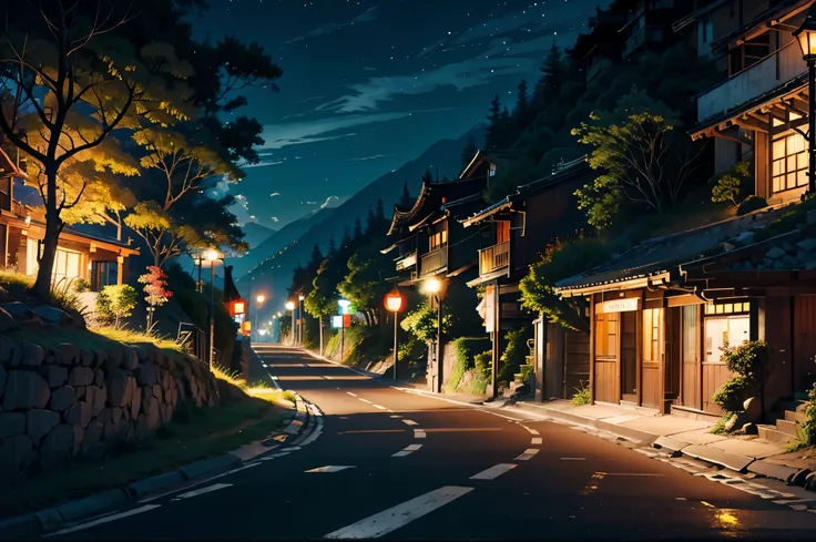 Straight road through hilly area, There is a street lamp next to. At night ,Chillout、city