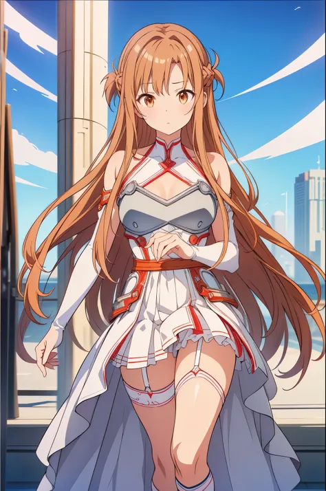 白いdressと赤いストッキングを着た女性が岩の上に座っている、Yuuki Asuna, Beautiful woman in anime style, Highest quality, Perfect Anatomy, Super detailed, One girl, alone, chest, An athletic body, Good move, Good legs, Knees are good, Night Sky, performer, Long Hair, medium chest, Vi...