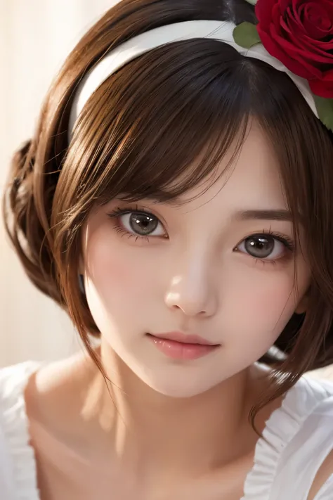 Detailed image of a young female character with medium length wavy brown hair。Her hair is decorated with a white ruffled headband and red roses on either side.。With large, expressive red eyes、A soft redness on the cheeks、She has a gentle and slightly surpr...