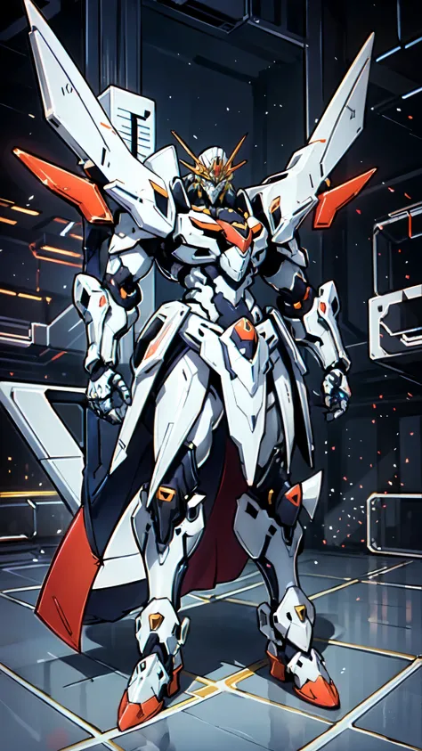 (masterpiece:1.5, best quality:1.5, extremely delicate:1.5), humanoid Mecha, fully enclosed shoulder guards, matching arm and leg guards, full body, full armor, the design balances heavy with agility, (the color scheme is primarily white with red and blue ...