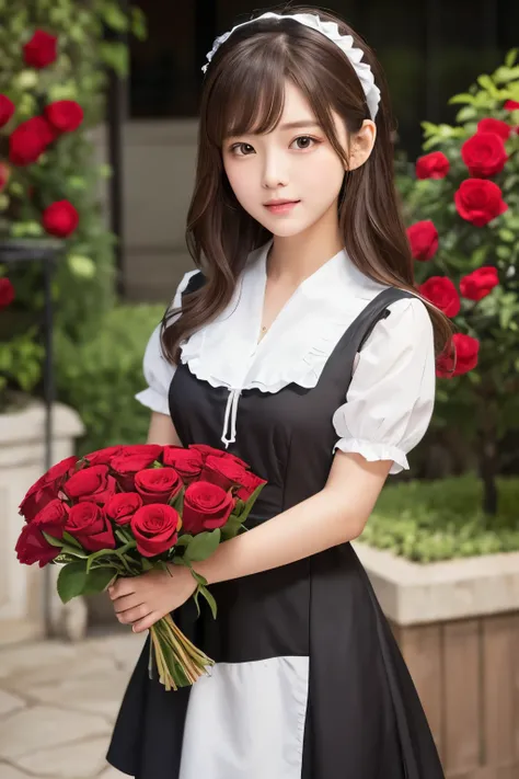 Detailed image of a young female character with medium length wavy brown hair。Her hair is decorated with a white ruffled headband and red roses on either side.。With large, expressive red eyes、A soft redness on the cheeks、She has a gentle and slightly surpr...