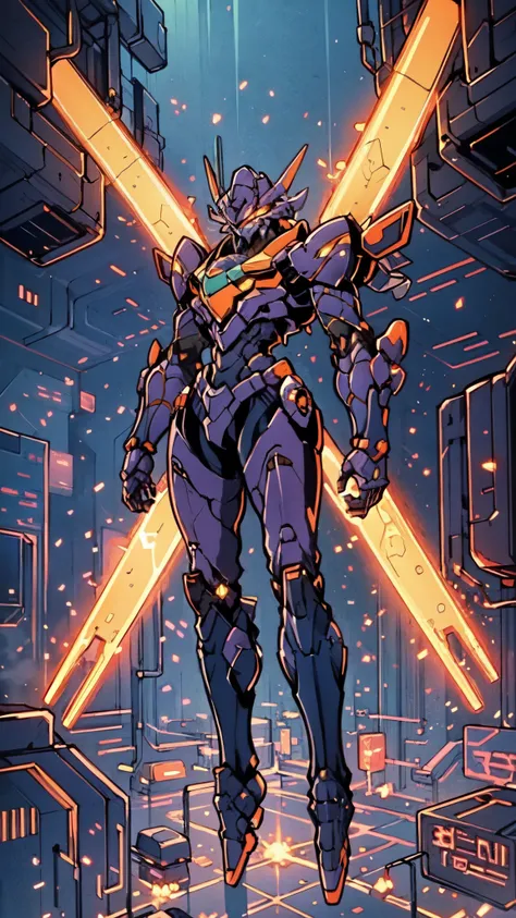 (masterpiece:1.5, best quality:1.5, extremely delicate:1.5), humanoid Mecha, fully enclosed shoulder guards, matching arm and leg guards, full body, full armor, the design balances heavy with agility, (the color scheme is primarily white with red and blue ...