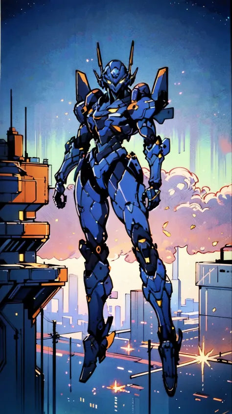 (masterpiece:1.5, best quality:1.5, extremely delicate:1.5), humanoid Mecha, fully enclosed shoulder guards, matching arm and leg guards, full body, full armor, the design balances heavy with agility, (the color scheme is primarily white with red and blue ...