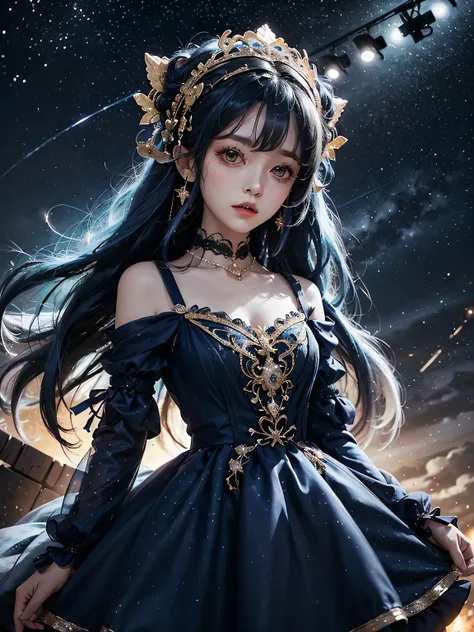 ultra HD、A beautiful blue-haired character、Upper Body、Big eyes like a 、Big eyes、Round eyes、prayer、Red burning cheeks、Night scene with starry sky background、Wearing a gorgeous dress、Subtle details、A fantastic atmosphere、Anime style