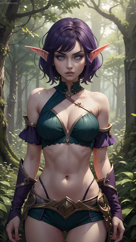 (Masterpiece, highly detailed, highly quality,  highly resolutions), body facing viewer, conjoined_dicephalus, two heads, BREAK nightelf, angry, clenched teeth, glowing eyes, blue eyes, Purple Hair, colored skin, mature female, purple midriff, navel, purpl...