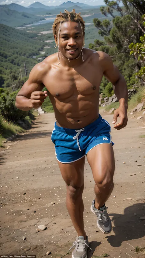 blond hair black papuan man, an inflated body, blue eyes, wearing shorts, running on the mountain, smirk