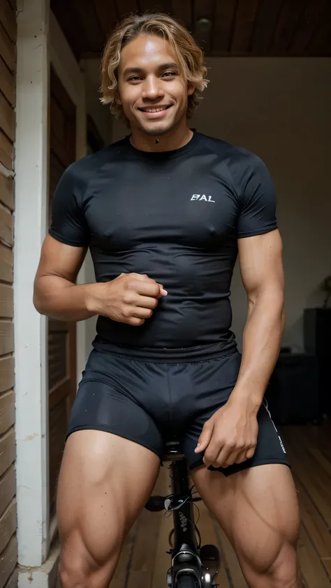 blond hair black papuan man, an inflated body, blue eyes, wearing shirt and black cycling shorts, riding a bike, smile