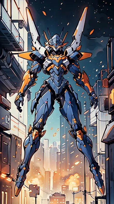 (masterpiece:1.5, best quality:1.5, extremely delicate:1.5), humanoid Mecha, fully enclosed shoulder guards, matching arm and leg guards, full body, full armor, the design balances heavy with agility, (the color scheme is primarily white with red and blue ...