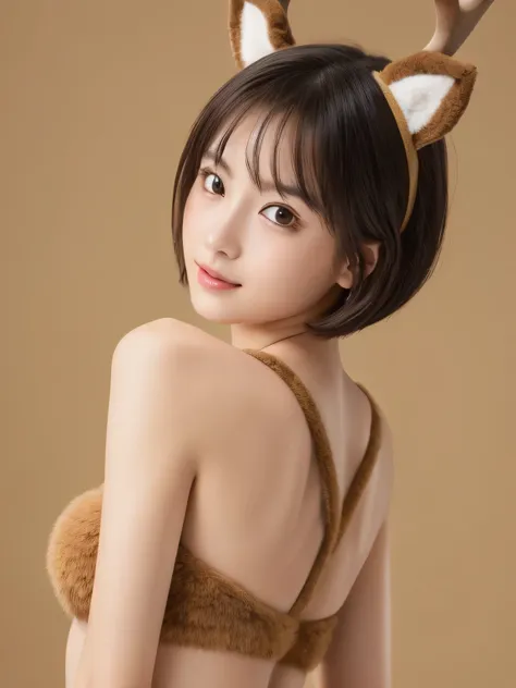 (masterpiece:1.2) 、 (best quality:1.2)、 (ultra-detailed:1.2)、put a deer costume on your head、brown fur swimsuit、17 years old、bea...