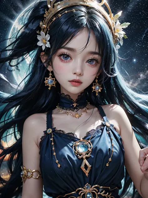 ultra HD、A beautiful blue-haired character、Upper Body、Big eyes like a 、Big eyes、Round eyes、Fortune teller with crystal、Red burning cheeks、Night scene with starry sky background、Wearing a gorgeous dress、Subtle details、A fantastic atmosphere、Anime style