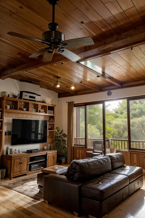 Create a room with a 65-inch TV" on wooden drawer, plants on the sides and a large window on the right. An air chamber on the left side and a ceiling fan