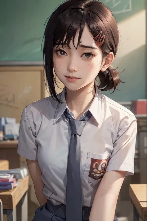 masterpiece, best quality, ultra-detailed, illustration, epic lighting, cinematic composition, isometric, 1girl, solo, cute, brown eyes, black hair, swept bangs, single sidelock, red hairclip, white collared shirt, black necktie, black pants, formal, encha...