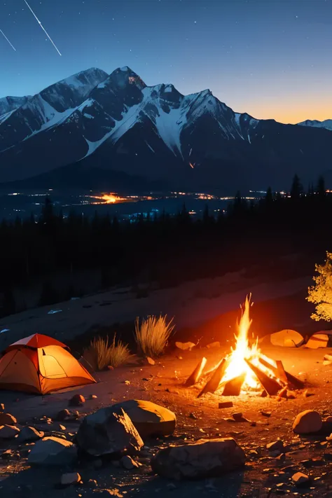 camping fire with a tent over looking a valley with mountain ranges in background night time
