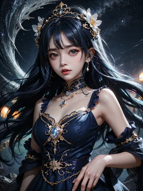 ultra HD、A beautiful blue-haired character、Upper Body、Big eyes like a 、Big eyes、Round eyes、Fortune teller with crystal、crystal、Red burning cheeks、Night scene with starry sky background、Wearing a gorgeous dress、Subtle details、A fantastic atmosphere、Anime st...