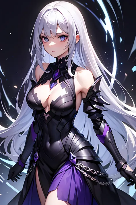 woman, long silver hair, dark blue eyes, regal black and purple dress, some armor on shoulders and chest