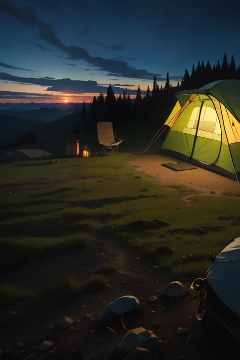 camping at night at a mountain to overlooking the sunset in far horizon
