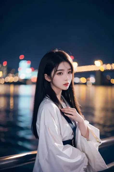 (aesthetics:1.4) A photo of a beautiful Korean fashion model bokeh city night scene