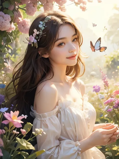 Beautiful girl in a fairy costume, A gentle smile, Soft lips,Soft skin texture, Surrounded by flowers and butterflies. content: Watercolor. style: Whimsical and delicate, Like an illustration in a children&#39;s book. Highest quality, Ultra high definition...