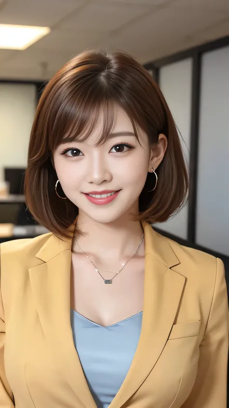 Highest quality:1.2), RAW Photos, High resolution, Very detailed, Intricate details, Short Haircut、ear piercing、smile、Beautiful teeth alignment、Light brown hair、Clear beauty,(High quality fabric, Office Lady Suits ）、Necklace around the neck、, The backgroun...