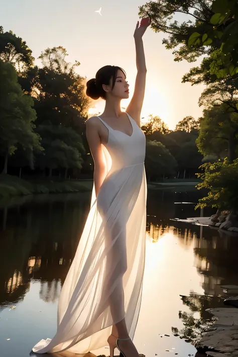 (masterpiece, best quality:1.2), 1girl,arm up,stretching, solo, delicate face, white-skinned female, see-through silhouette, white dress, full body,besides a blue lake, night sky,stars,forest,Reflections in the water,,luminous butterflies, fluttering butte...