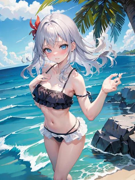 Random patterned swimsuit、Random patterned swimsuit,Swimsuit,Blushing、Medium semi-long hair、Silver Hair、Pale blue eyes　、Head to toe full body、Blushing、Embarrassed look、Composition from the front、A view from slightly below、school swimwear、Acme Face、Random p...