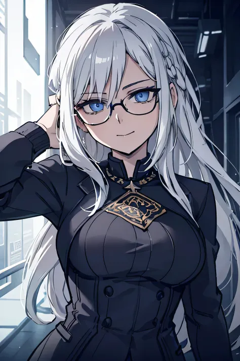 a beautiful woman in her 20s, large breasts, wearing a jacket, silver hair, long hair, blue eyes, smiling, cool, glasses, detailed face, intricate hair, photorealistic, highly detailed, 8k, masterpiece, cinematic lighting, dramatic pose, dynamic compositio...