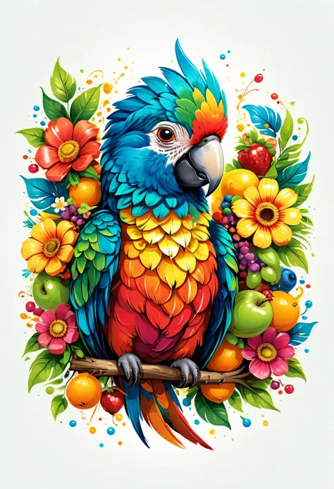  sticker, arte vetorial para  t-shirt design, of a colorful illustration of smiling little parrot, At the center, swirly vibrant colors, flowers, fruits, high détail,White background, t-shirt design.
(artwork, UHD quality, details in 16k, proffesional, pe...