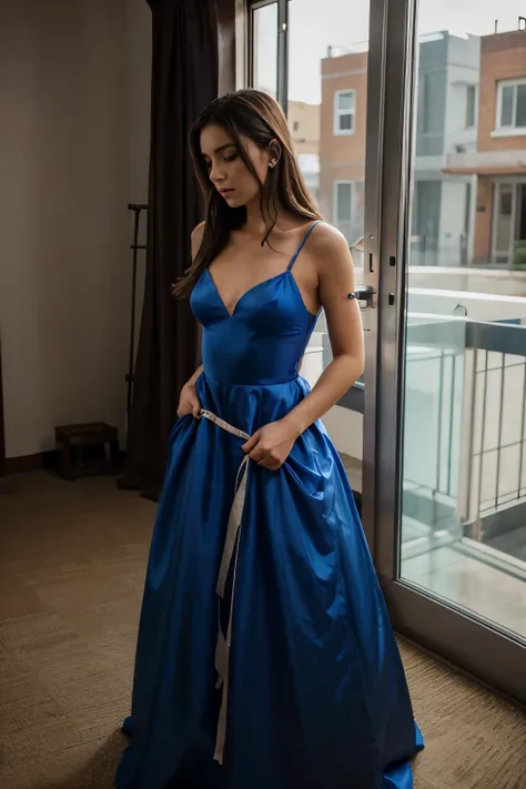 W girl tied up in a blue gown 