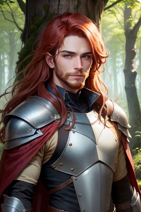 ((best qualityer)), ((work of art)), (detailded), A male Ranger. Born from the forest. Leather armor that blends in with the underbody and cape to become invisible. Long Light Red Hair with Chunky Design. Os olhos super detaildeds .His gaze would be intens...