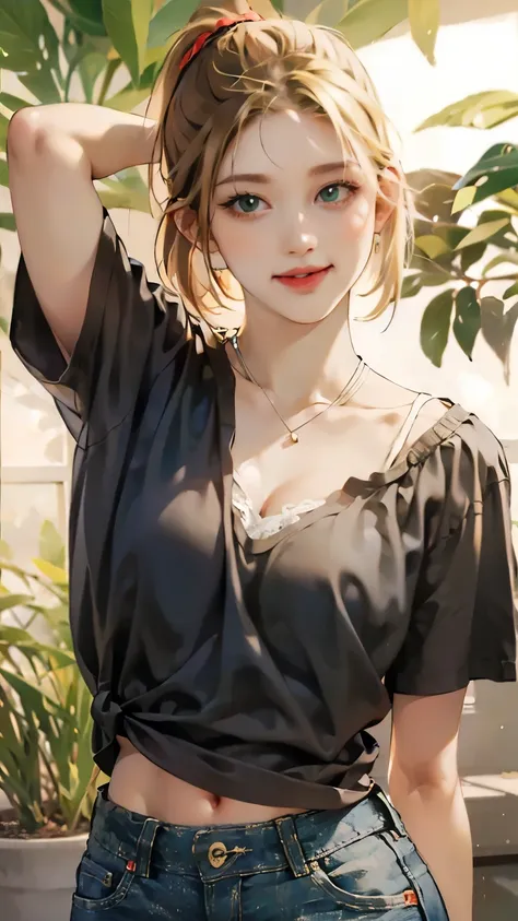 Highest quality, masterpiece, Ultra-high resolution, (Realistic:1.4), Beautiful woman, Open your mouth, Green V-neck T-shirt, Cleavage, Greenlee Jeans , Small breasts, Erect nipples, Curvy waist, Slim Abs, Shiny skin, 魅惑的なsmile, Bokeh, smile, Short jeans, ...