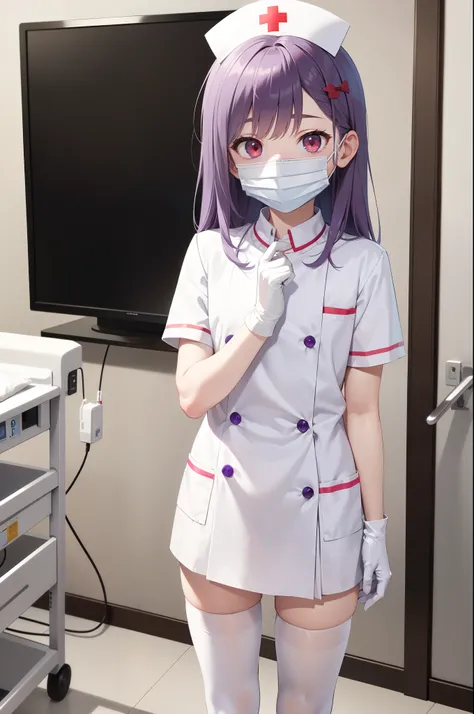 1boy, solo, male focus, nurse, white nurse cap, white nurse uniform, ((white legwear, zettai ryouiki)), white gloves, long hair, purple hair, red eyes, ((white surgical mask, covered nose)), standing, ((hospital room)), sharp outline, short sleeves, shota,...